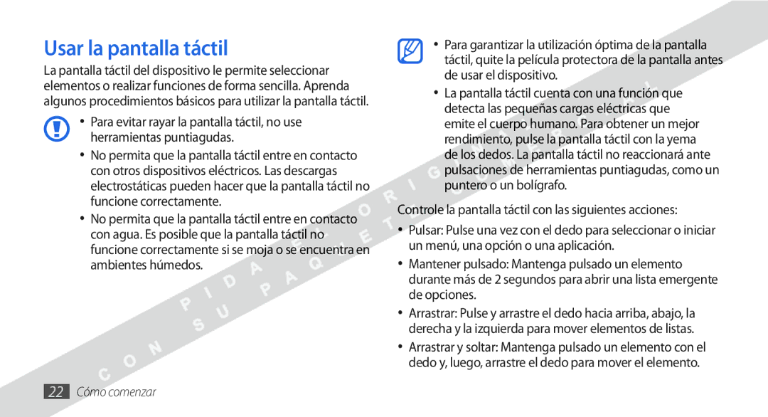 Samsung GT-I9000HKAATL, GT-I9000HKDVIP Usar la pantalla táctil, Controle la pantalla táctil con las siguientes acciones 