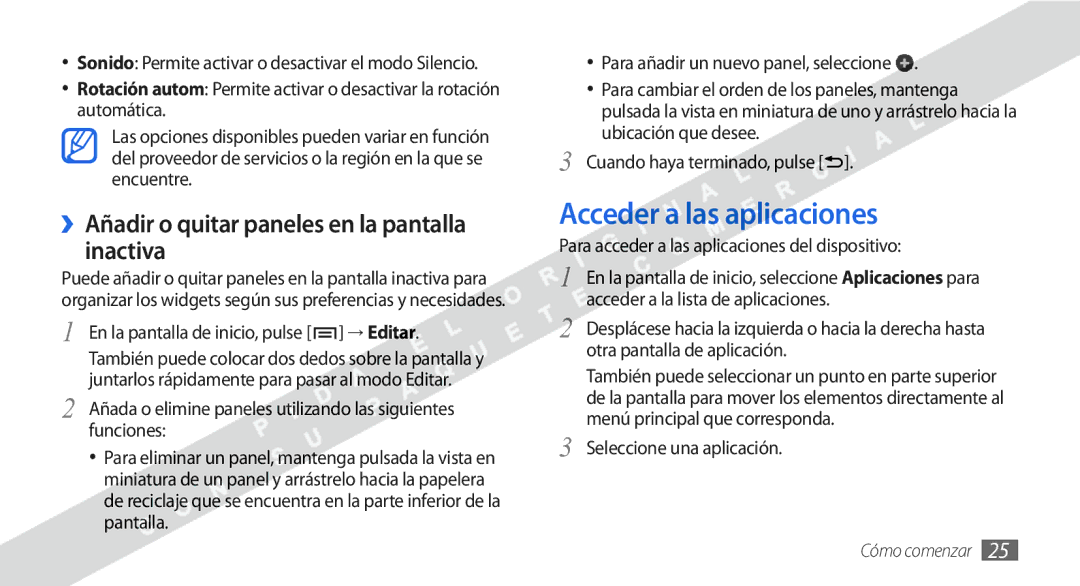 Samsung GT-I9000RWYAMN, GT-I9000HKDVIP manual Acceder a las aplicaciones, ››Añadir o quitar paneles en la pantalla inactiva 