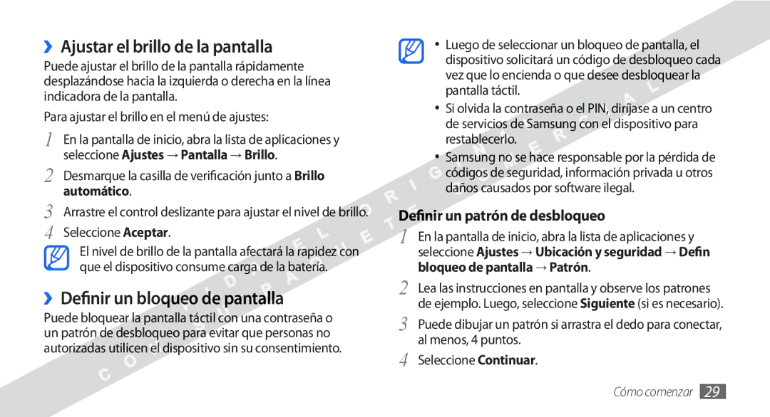 Samsung GT-I9000HKDAMN, GT-I9000HKDVIP, GT-I9000HKYFOP ››Ajustar el brillo de la pantalla, ››Definir un bloqueo de pantalla 