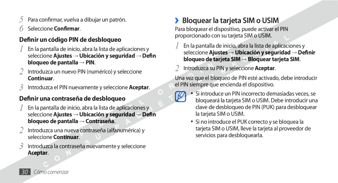 Samsung GT-I9000HKYYOG manual ››Bloquear la tarjeta SIM o Usim, Introduzca un nuevo PIN numérico y seleccione Continuar 