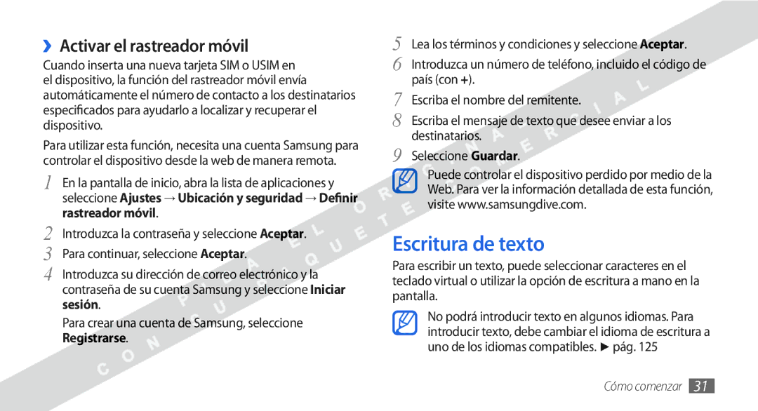 Samsung GT-I9000HKYFWD, GT-I9000HKDVIP, GT-I9000HKYFOP, GT-I9000HKAATL Escritura de texto, ››Activar el rastreador móvil 