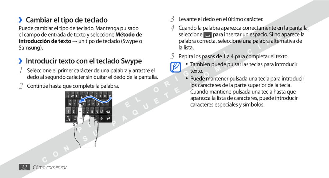 Samsung GT-I9000HKDFWD, GT-I9000HKDVIP manual ››Cambiar el tipo de teclado, ››Introducir texto con el teclado Swype, Samsung 