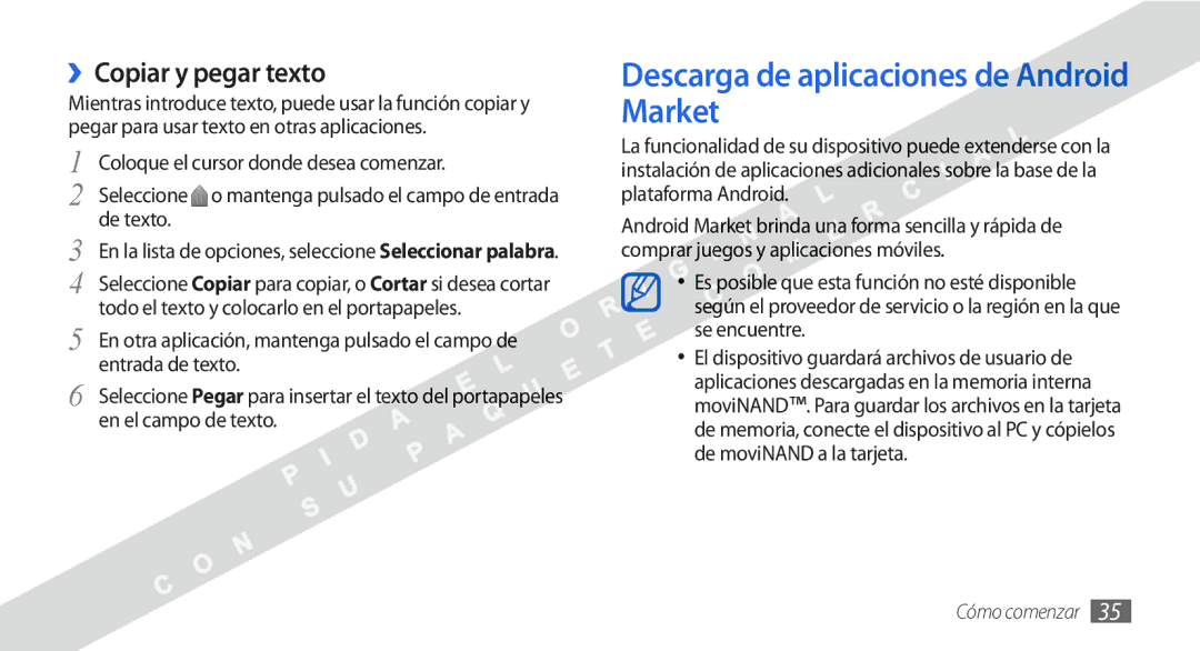 Samsung GT-I9000HKYXEC, GT-I9000HKDVIP, GT-I9000HKYFOP Descarga de aplicaciones de Android Market, ››Copiar y pegar texto 