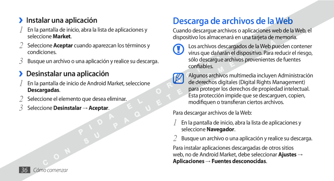 Samsung GT-I9000HKYATL manual Descarga de archivos de la Web, ››Instalar una aplicación, ››Desinstalar una aplicación 