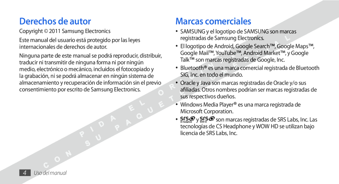 Samsung GT-I9000HKXATL, GT-I9000HKDVIP manual Derechos de autor, Marcas comerciales, Copyright 2011 Samsung Electronics 