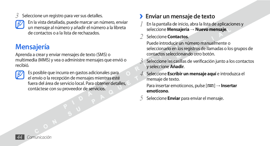 Samsung GT-I9000HKXATL manual Mensajería, ››Enviar un mensaje de texto, Seleccione un registro para ver sus detalles 