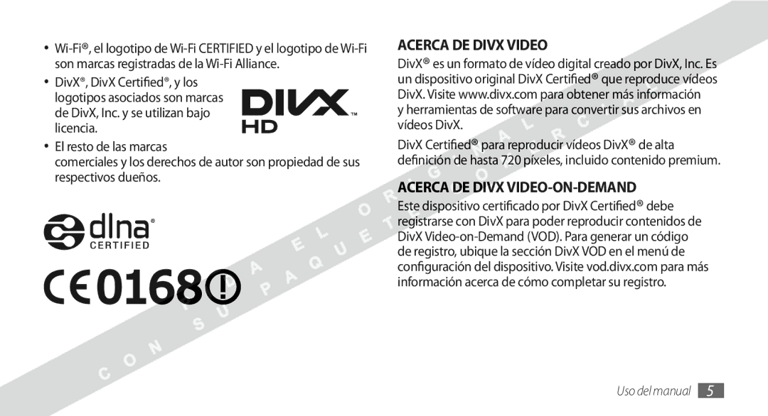 Samsung GT-I9000RWYAMN, GT-I9000HKDVIP, GT-I9000HKYFOP, GT-I9000HKAATL, GT-I9000HKAXSO manual Acerca DE Divx VIDEO-ON-DEMAND 