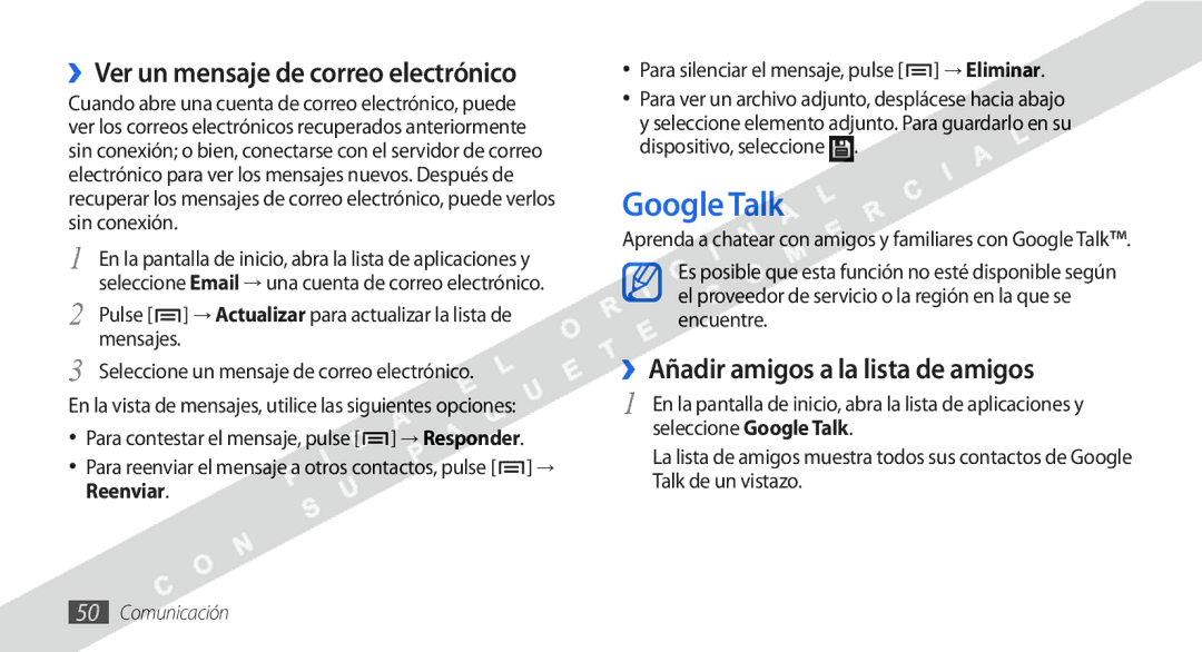 Samsung GT-I9000HKYYOG manual Google Talk, ››Añadir amigos a la lista de amigos, ››Ver un mensaje de correo electrónico 