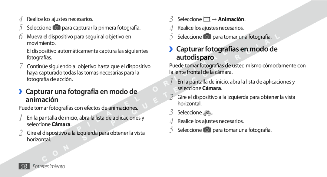 Samsung GT-I9000HKDXEC manual ››Capturar una fotografía en modo de animación, ››Capturar fotografías en modo de autodisparo 