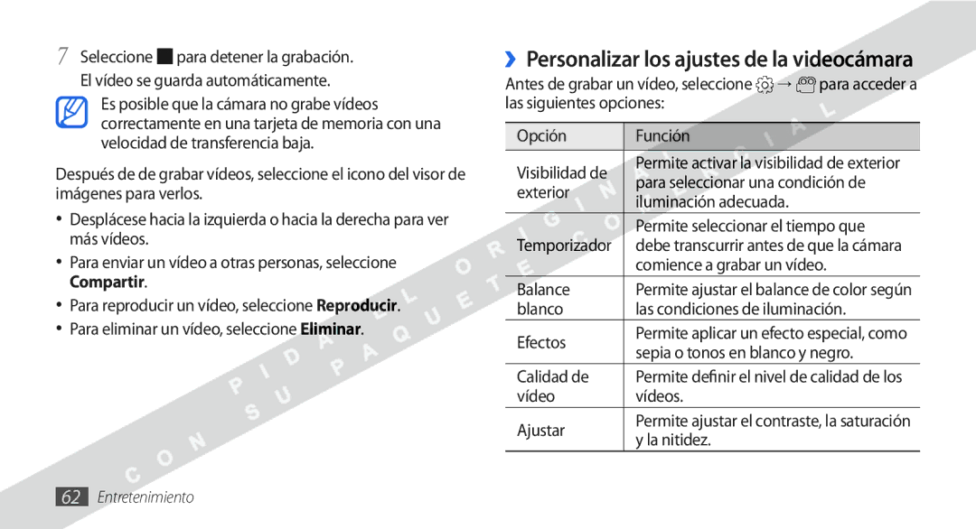 Samsung GT-I9000HKAATL, GT-I9000HKDVIP, GT-I9000HKYFOP, GT-I9000HKAXSO manual ››Personalizar los ajustes de la videocámara 