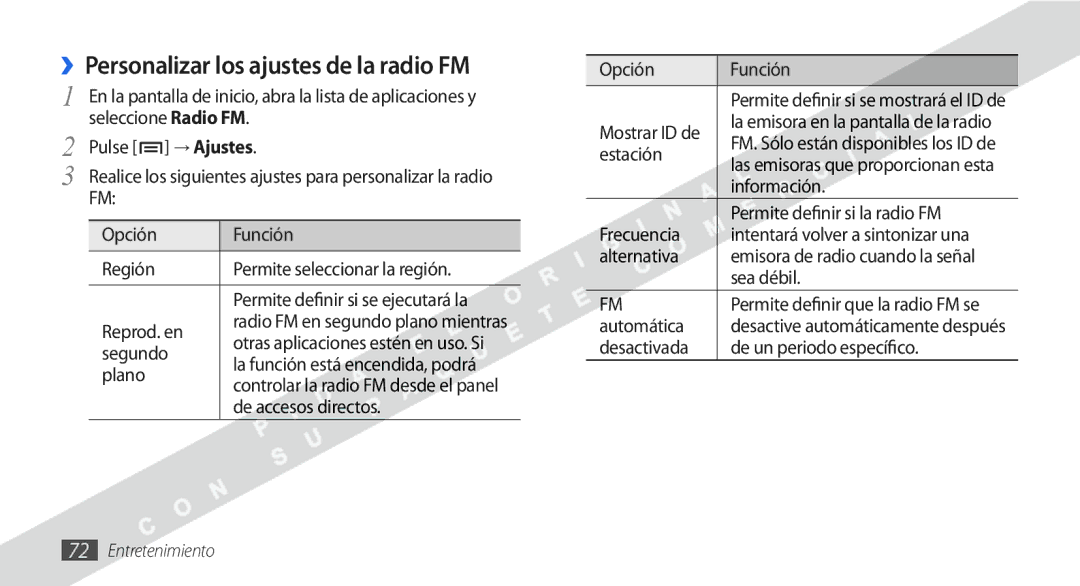 Samsung GT-I9000HKDFWD, GT-I9000HKDVIP, GT-I9000HKYFOP, GT-I9000HKAATL manual ››Personalizar los ajustes de la radio FM 