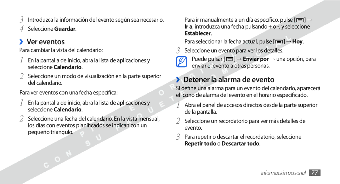 Samsung GT-I9000RWYFOP, GT-I9000HKDVIP, GT-I9000HKYFOP, GT-I9000HKAATL manual ››Ver eventos, ››Detener la alarma de evento 