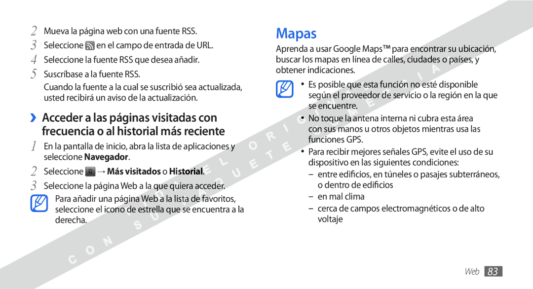 Samsung GT-I9000HKAXSO, GT-I9000HKDVIP manual Mapas, Mueva la página web con una fuente RSS, Suscríbase a la fuente RSS 