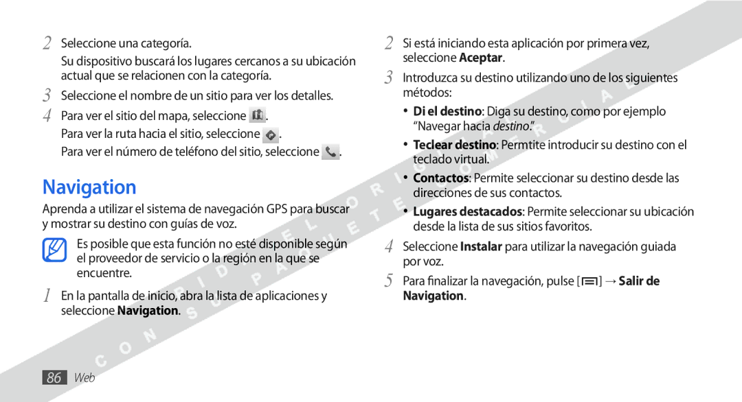 Samsung GT-I9000HKYAMN manual Seleccione una categoría, Para finalizar la navegación, pulse → Salir de Navigation 