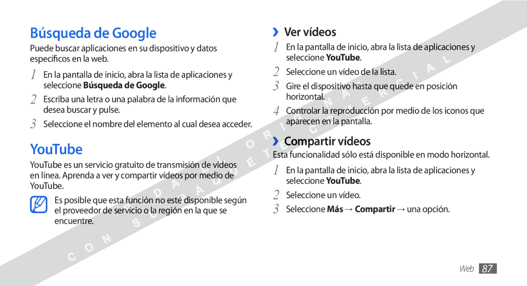 Samsung GT-I9000HKDYOG, GT-I9000HKDVIP, GT-I9000HKYFOP manual Búsqueda de Google, YouTube, ››Ver vídeos, ››Compartir vídeos 