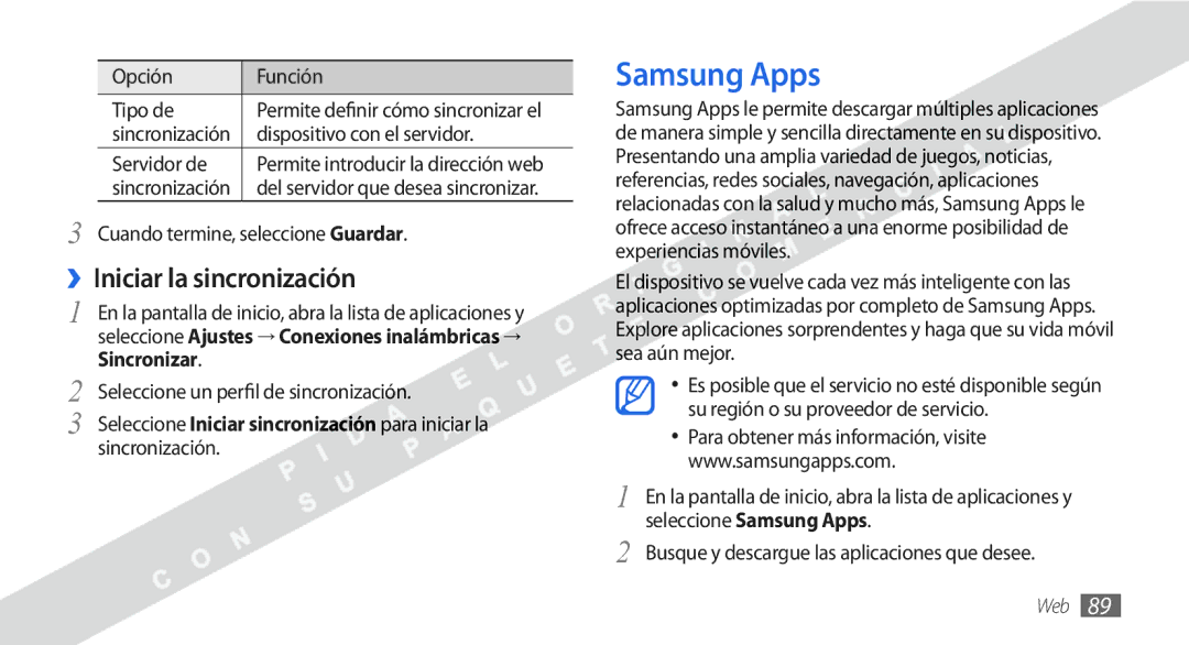 Samsung GT-I9000HKDAMN, GT-I9000HKDVIP, GT-I9000HKYFOP, GT-I9000HKAATL manual Samsung Apps, ››Iniciar la sincronización 