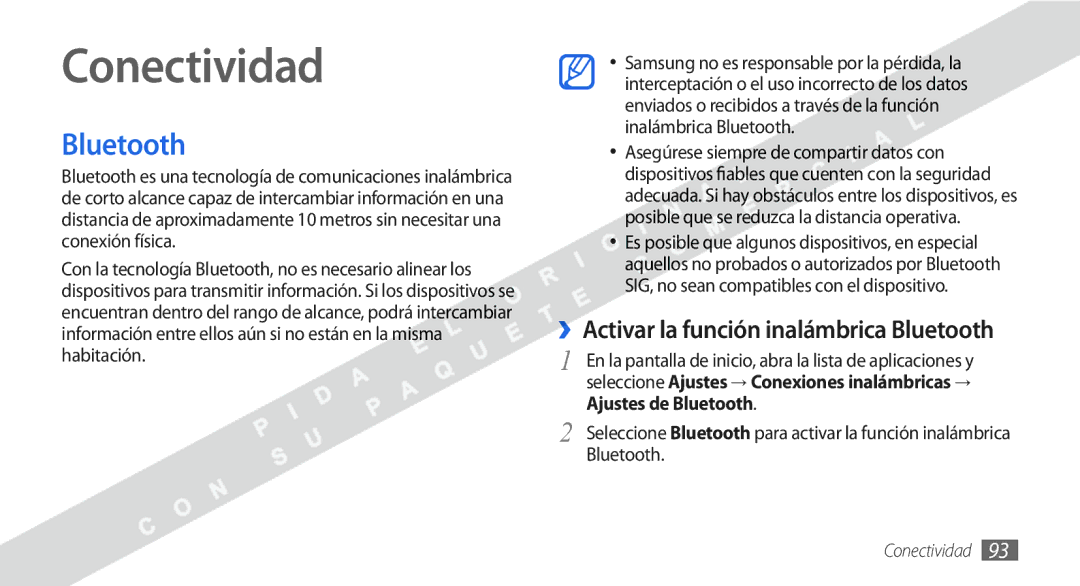 Samsung GT-I9000HKDFOP, GT-I9000HKDVIP, GT-I9000HKYFOP manual Conectividad, ››Activar la función inalámbrica Bluetooth 