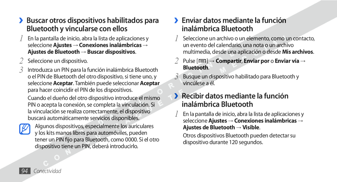 Samsung GT-I9000HKAXEC manual Bluetooth y vincularse con ellos, ››Enviar datos mediante la función inalámbrica Bluetooth 