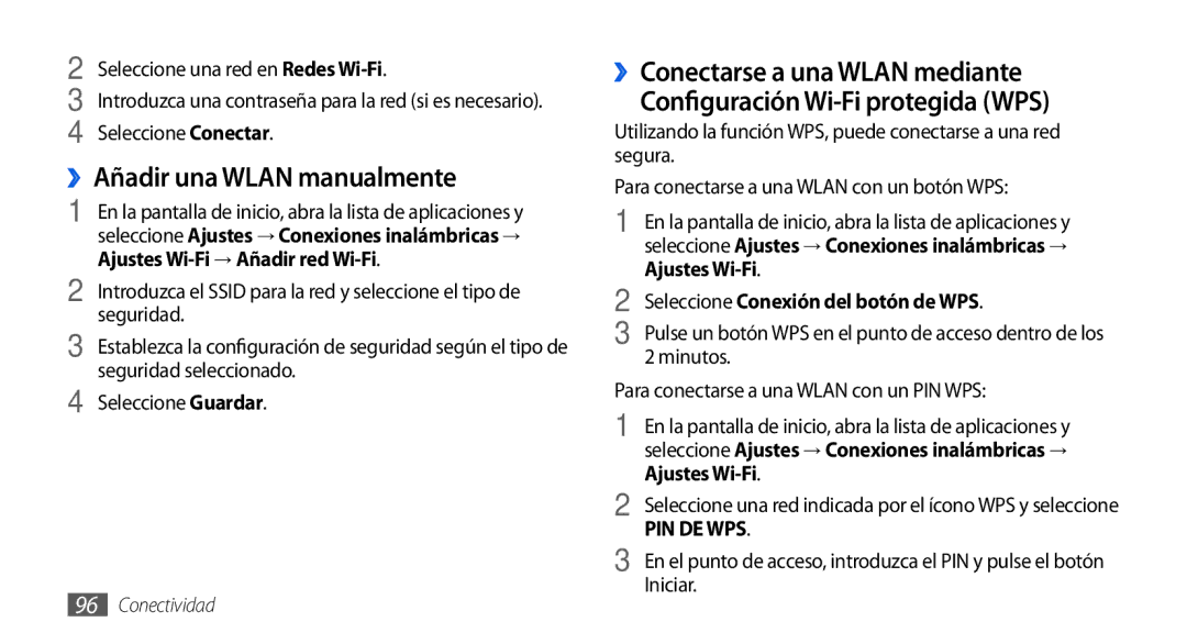 Samsung GT-I9000HKYATL, GT-I9000HKDVIP, GT-I9000HKYFOP ››Añadir una Wlan manualmente, Seleccione Conexión del botón de WPS 