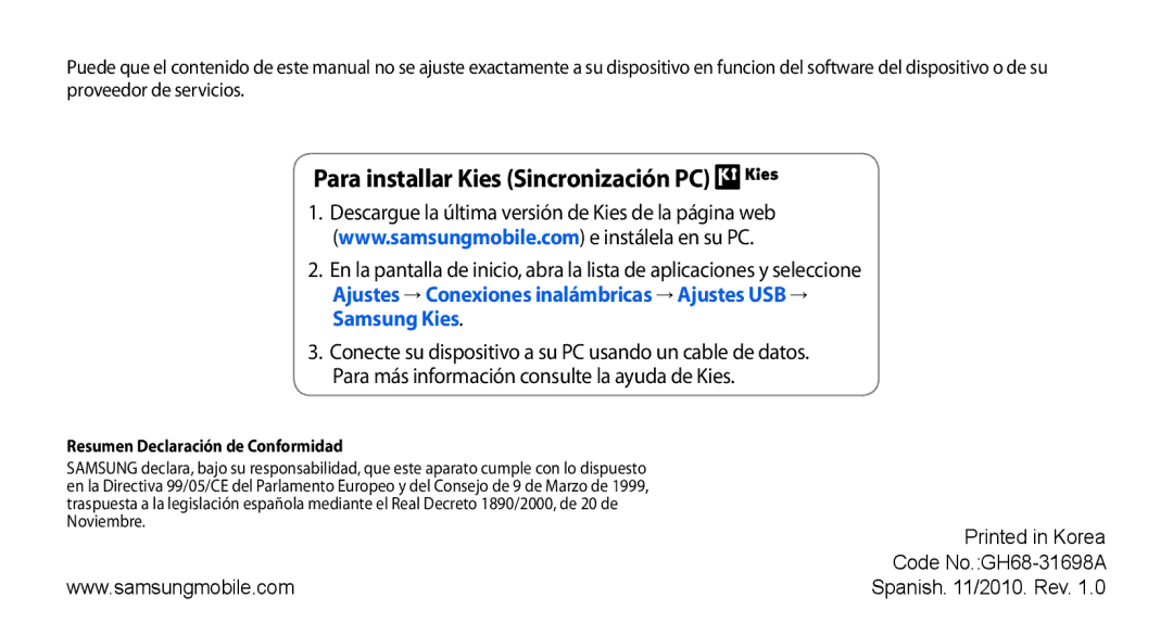 Samsung GT-I9000HKYFOP manual Para installar Kies Sincronización PC, Code No.GH68-31698A Spanish /2010. Rev 