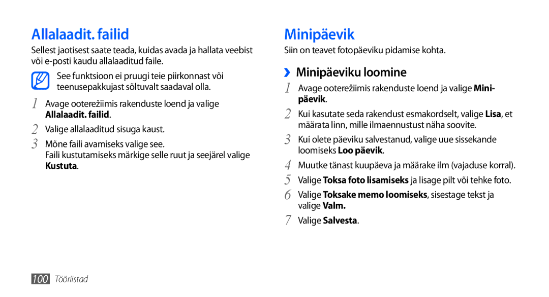 Samsung GT-I9000HKXSEB, GT-I9000HKASEB manual Allalaadit. failid, ››Minipäeviku loomine, Päevik 