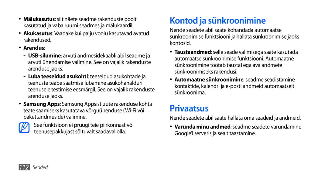 Samsung GT-I9000HKXSEB, GT-I9000HKASEB manual Kontod ja sünkroonimine, Privaatsus, Arendus 