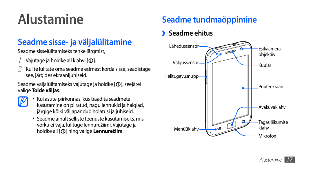 Samsung GT-I9000HKASEB, GT-I9000HKXSEB Alustamine, Seadme tundmaõppimine Seadme sisse- ja väljalülitamine, ››Seadme ehitus 