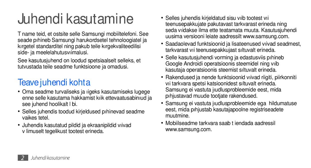 Samsung GT-I9000HKXSEB, GT-I9000HKASEB manual Juhendi kasutamine, Teave juhendi kohta 