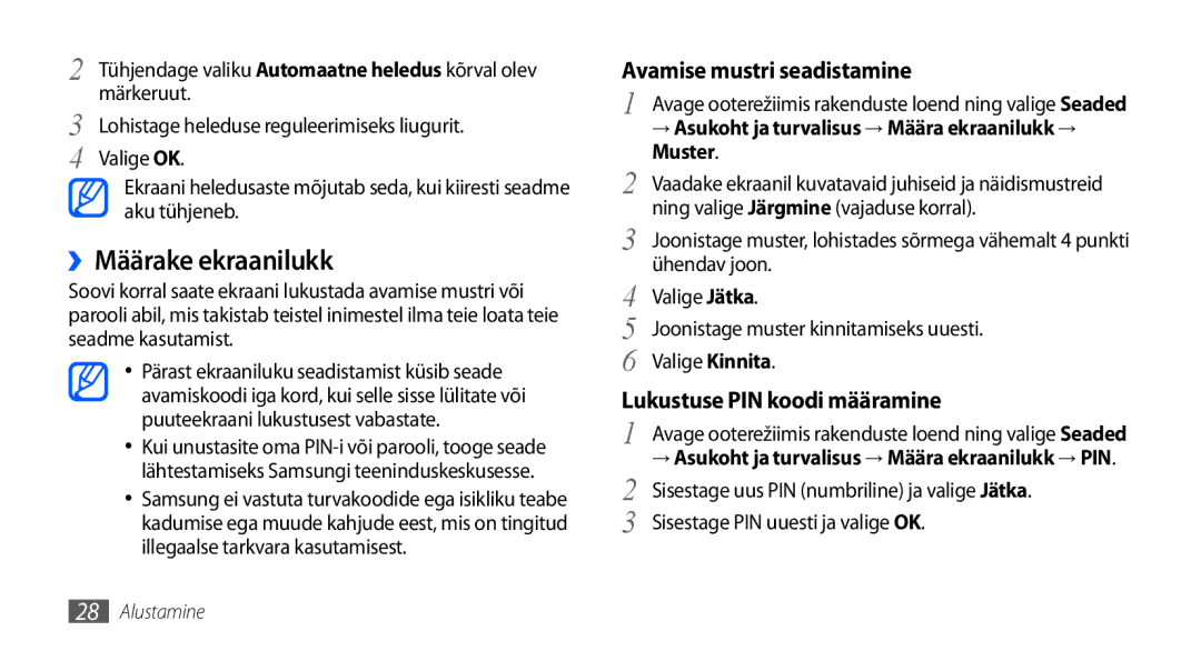 Samsung GT-I9000HKXSEB, GT-I9000HKASEB manual ››Määrake ekraanilukk, Muster 