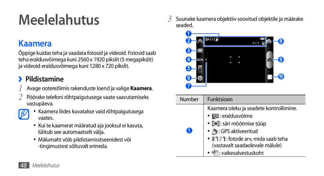 Samsung GT-I9000HKXSEB, GT-I9000HKASEB manual Meelelahutus, Kaamera, ››Pildistamine 