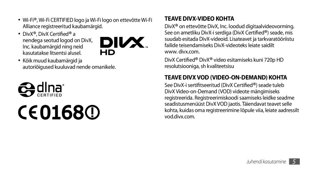 Samsung GT-I9000HKASEB, GT-I9000HKXSEB manual Teave DIVX-VIDEO Kohta 