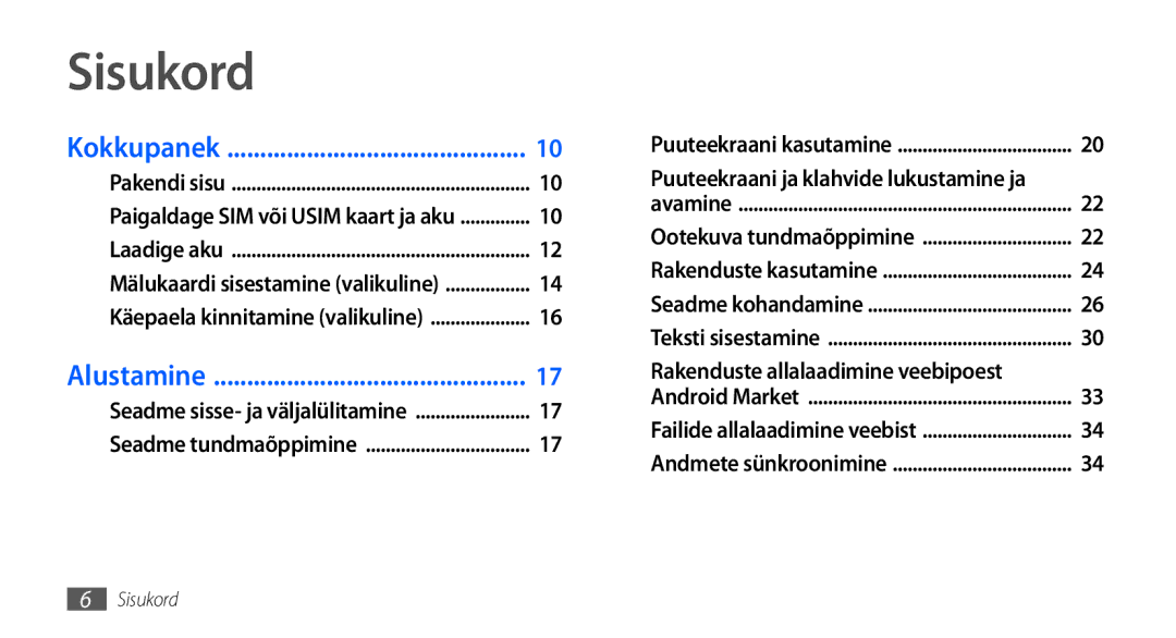 Samsung GT-I9000HKXSEB, GT-I9000HKASEB manual Sisukord, Rakenduste allalaadimine veebipoest 