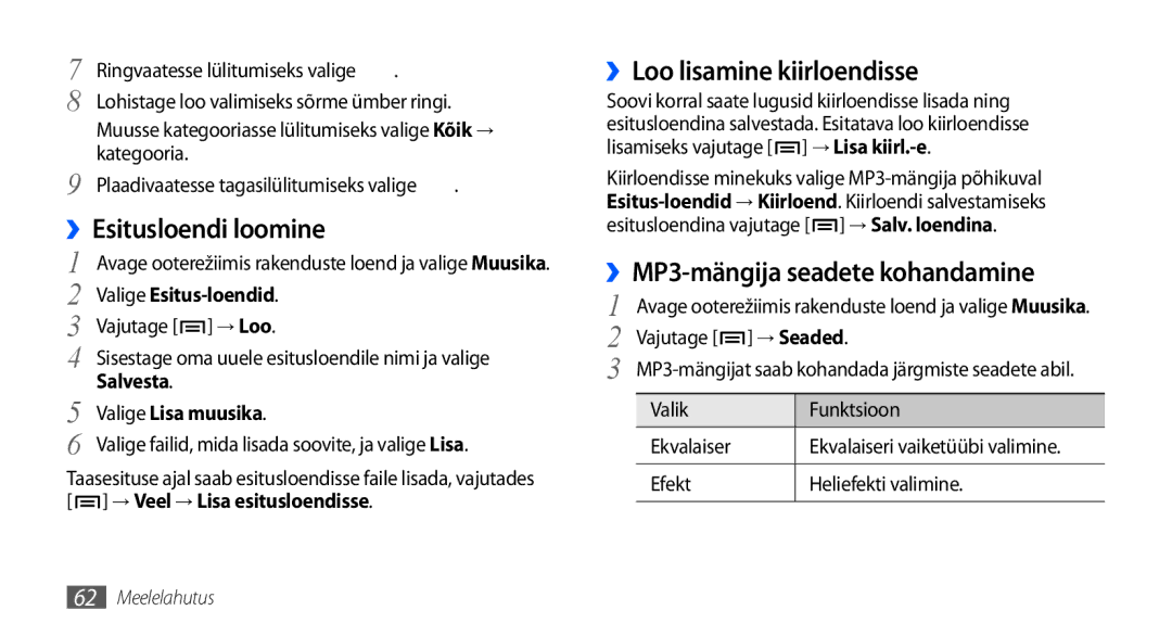 Samsung GT-I9000HKXSEB manual ››Loo lisamine kiirloendisse, ››MP3-mängija seadete kohandamine, ››Esitusloendi loomine 