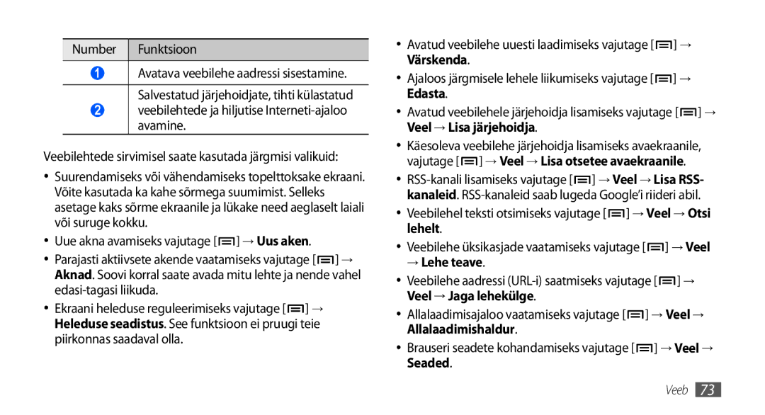 Samsung GT-I9000HKASEB, GT-I9000HKXSEB manual → Lehe teave, Brauseri seadete kohandamiseks vajutage → Veel → Seaded 