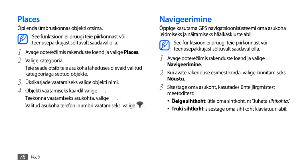 Samsung GT-I9000HKXSEB, GT-I9000HKASEB manual Places, Navigeerimine, Nõustu 