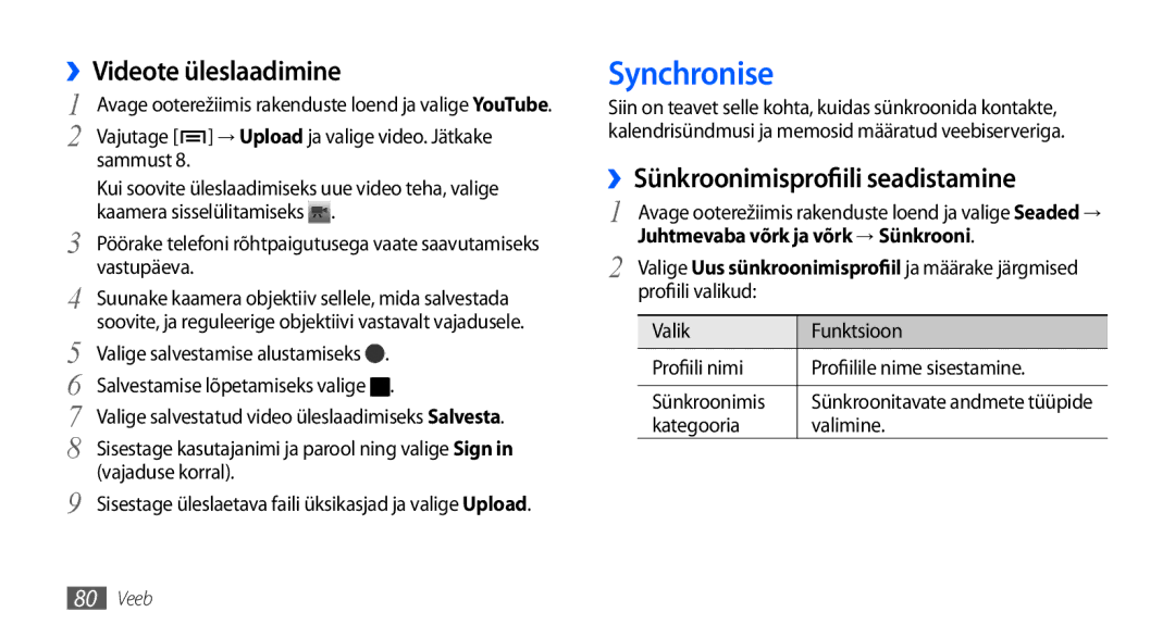 Samsung GT-I9000HKXSEB, GT-I9000HKASEB manual Synchronise, ››Videote üleslaadimine, ››Sünkroonimisprofiili seadistamine 