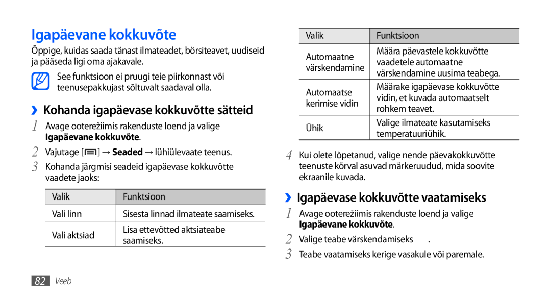 Samsung GT-I9000HKXSEB Igapäevane kokkuvõte, ››Kohanda igapäevase kokkuvõtte sätteid, ››Igapäevase kokkuvõtte vaatamiseks 