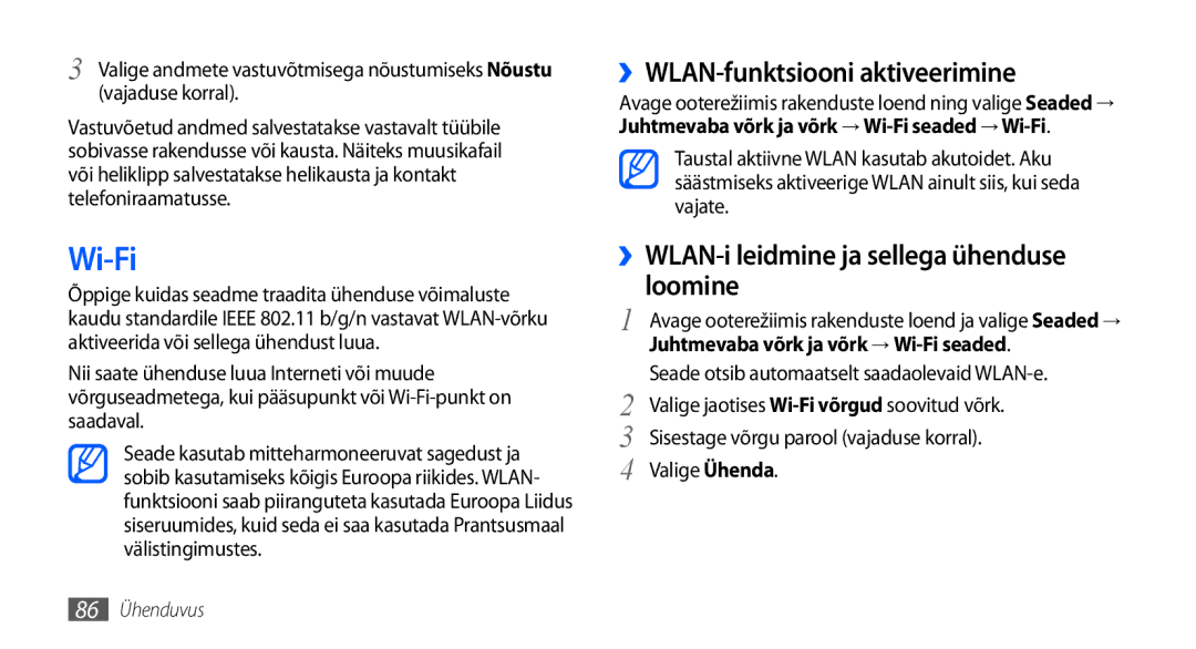 Samsung GT-I9000HKXSEB manual Wi-Fi, ››WLAN-funktsiooni aktiveerimine, ››WLAN-i leidmine ja sellega ühenduse loomine 