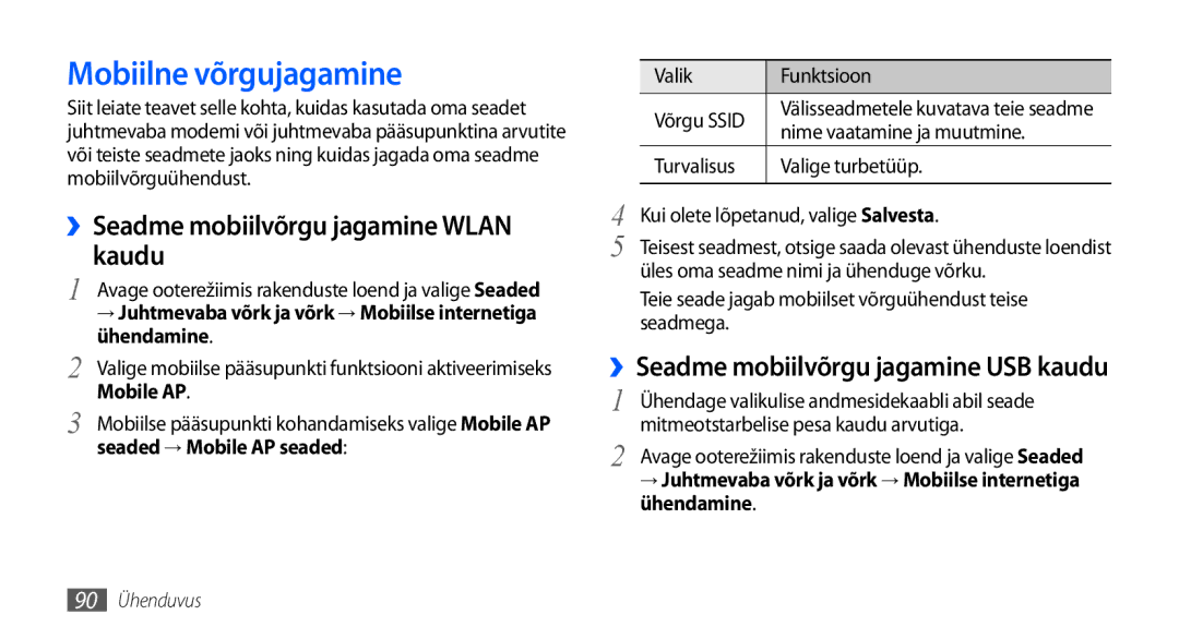 Samsung GT-I9000HKXSEB, GT-I9000HKASEB manual Mobiilne võrgujagamine, ››Seadme mobiilvõrgu jagamine Wlan kaudu 