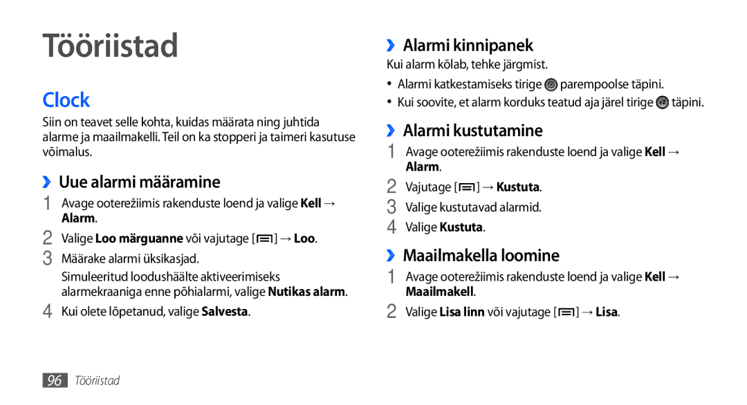 Samsung GT-I9000HKXSEB, GT-I9000HKASEB manual Tööriistad, Clock 