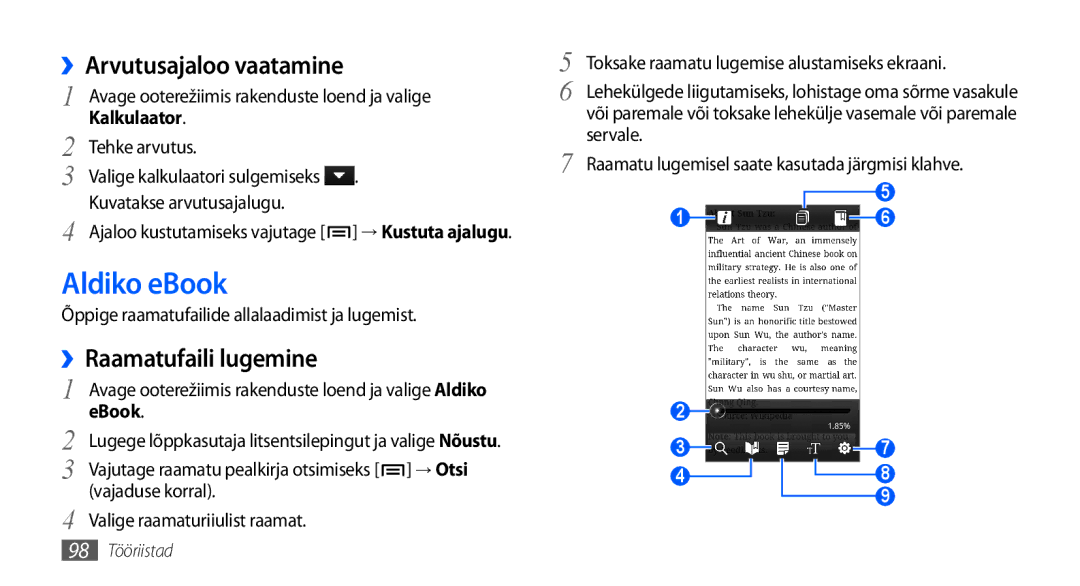 Samsung GT-I9000HKXSEB, GT-I9000HKASEB manual Aldiko eBook, ››Arvutusajaloo vaatamine, ››Raamatufaili lugemine 