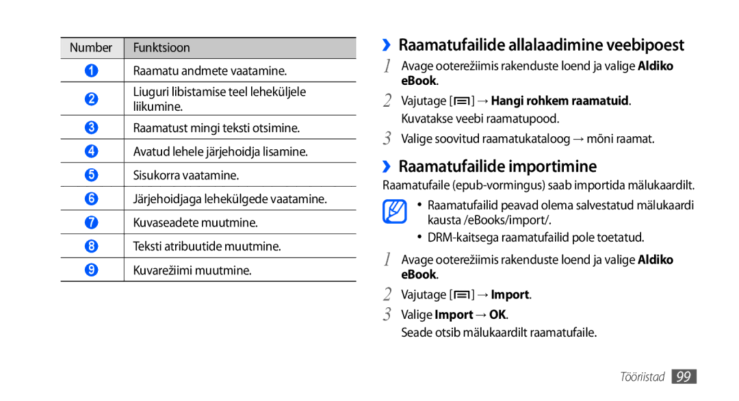 Samsung GT-I9000HKASEB, GT-I9000HKXSEB manual ››Raamatufailide importimine, ››Raamatufailide allalaadimine veebipoest 