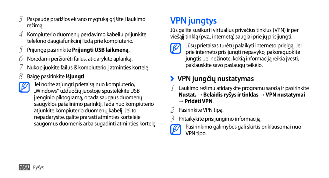 Samsung GT-I9000HKXSEB, GT-I9000HKASEB manual VPN jungtys, ››VPN jungčių nustatymas, → Pridėti VPN, Pasirinkite VPN tipą 