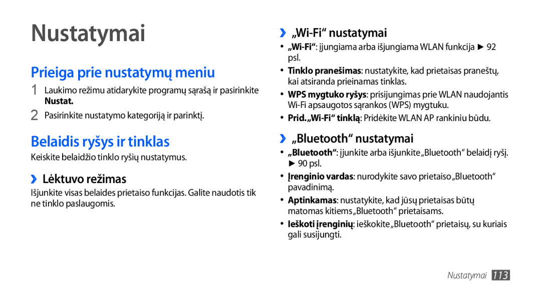 Samsung GT-I9000HKASEB Prieiga prie nustatymų meniu, Belaidis ryšys ir tinklas, ››Lėktuvo režimas, ››„Wi-Fi nustatymai 