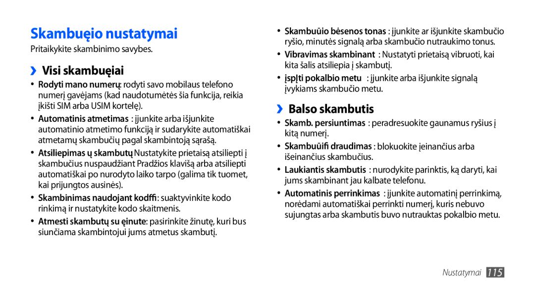 Samsung GT-I9000HKASEB manual Skambučio nustatymai, ››Visi skambučiai, ››Balso skambutis, Pritaikykite skambinimo savybes 