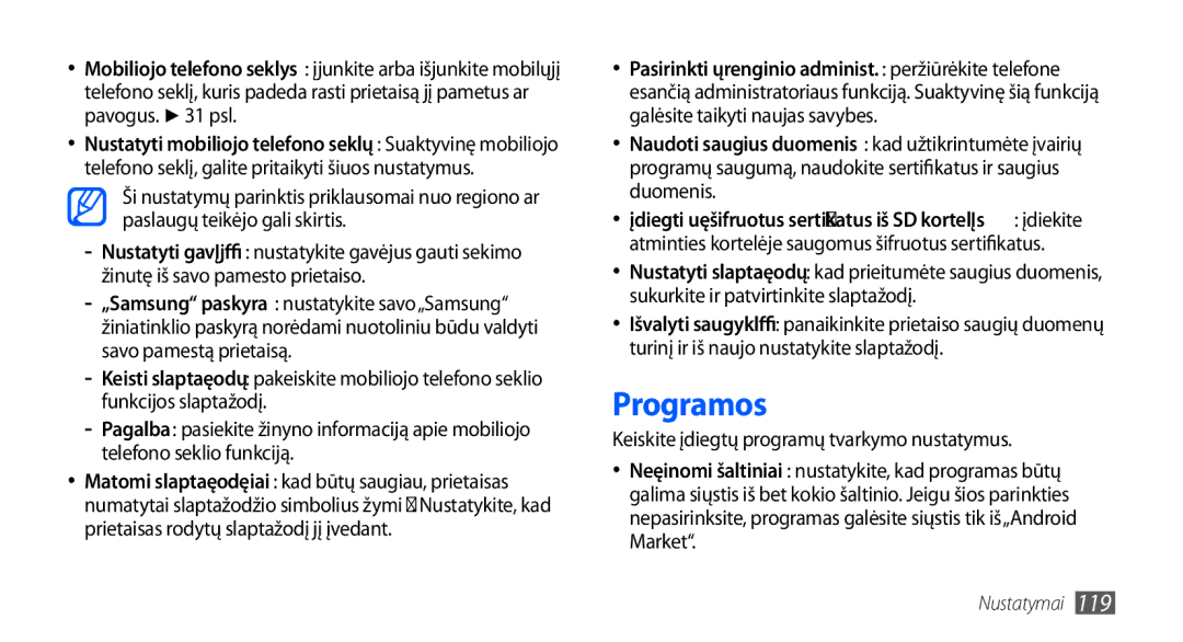 Samsung GT-I9000HKASEB, GT-I9000HKXSEB manual Programos, Keiskite įdiegtų programų tvarkymo nustatymus 