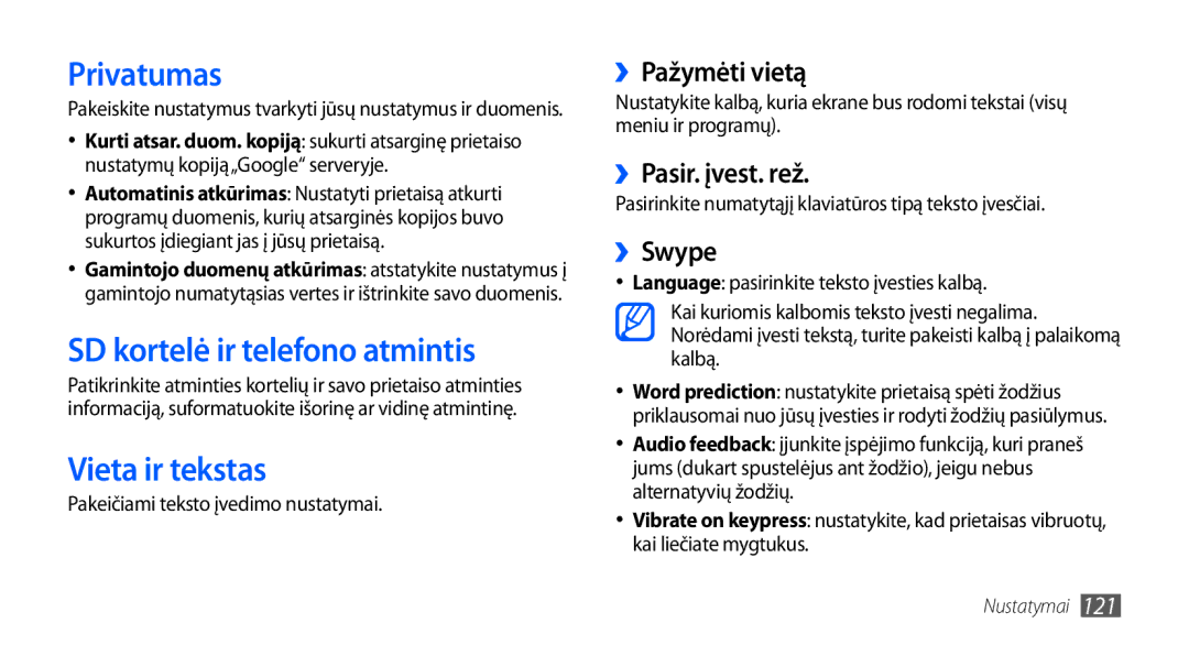 Samsung GT-I9000HKASEB, GT-I9000HKXSEB manual Privatumas, SD kortelė ir telefono atmintis, Vieta ir tekstas 