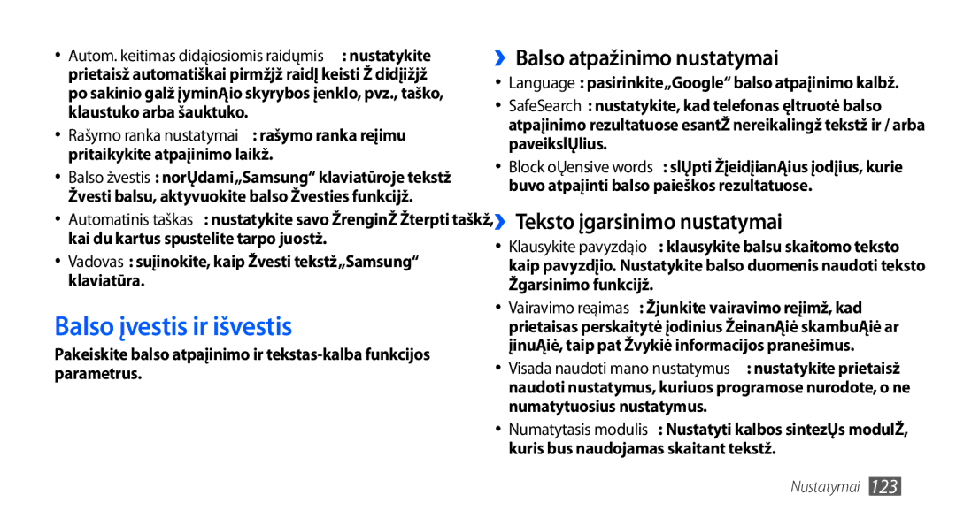 Samsung GT-I9000HKASEB manual Balso įvestis ir išvestis, ››Balso atpažinimo nustatymai, ››Teksto įgarsinimo nustatymai 