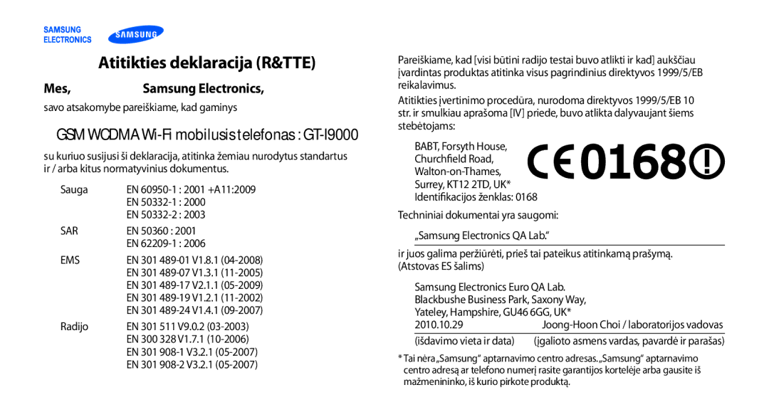 Samsung GT-I9000HKASEB, GT-I9000HKXSEB manual Atitikties deklaracija R&TTE, Mes Samsung Electronics 