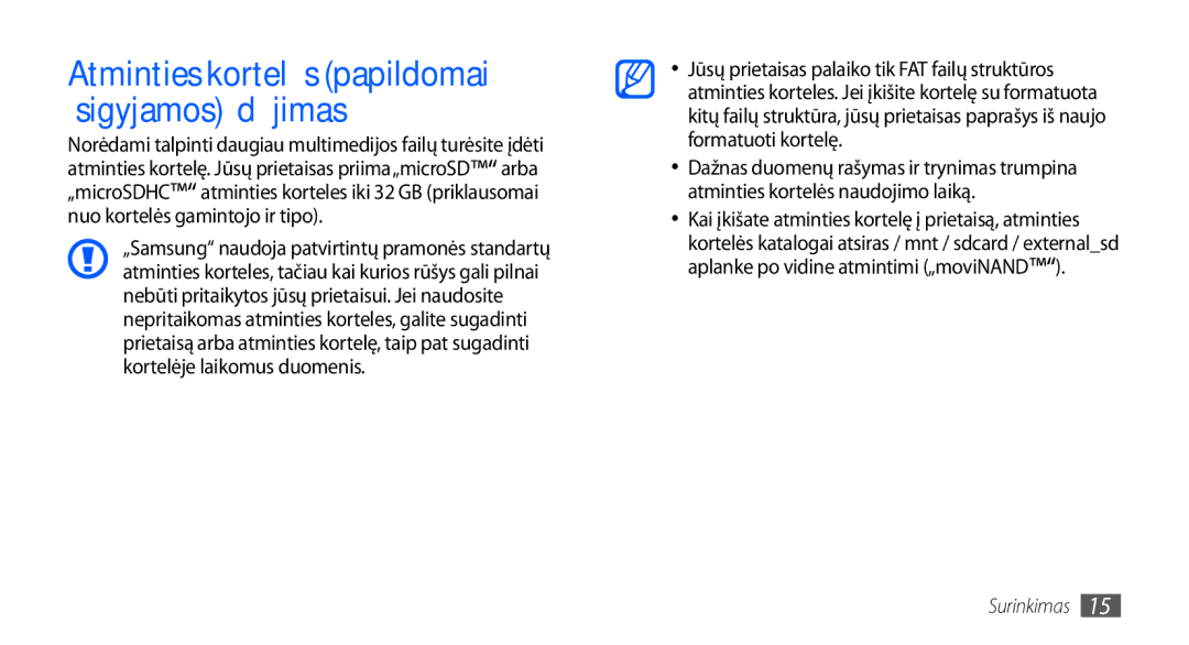 Samsung GT-I9000HKASEB, GT-I9000HKXSEB manual Atminties kortelės papildomai įsigyjamos įdėjimas 